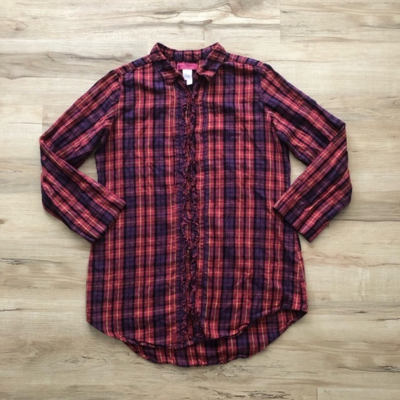 Betsey Johnson Red and Black Plaid Button Down Top - Picture 2 of 7